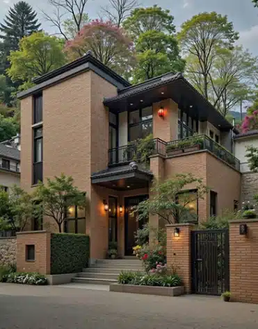ایده طراحی ویلای مدرن در دل جنگلهای فومن با نمای یکدست آجر نسوز شاموتی (نمونه معماری هماهنگ با طبیعت - متریال قابل تامین توسط هلدینگ تقدیری)
